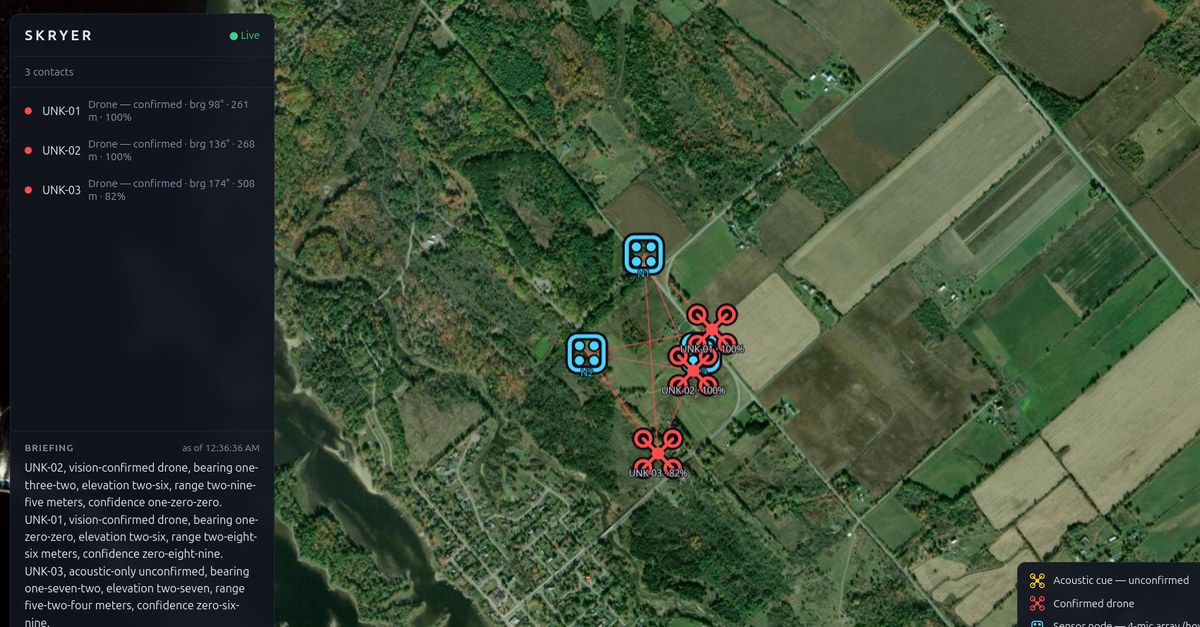 Skryer operator console showing three tracked drone contacts over a satellite map, with bearing, range and confidence for each