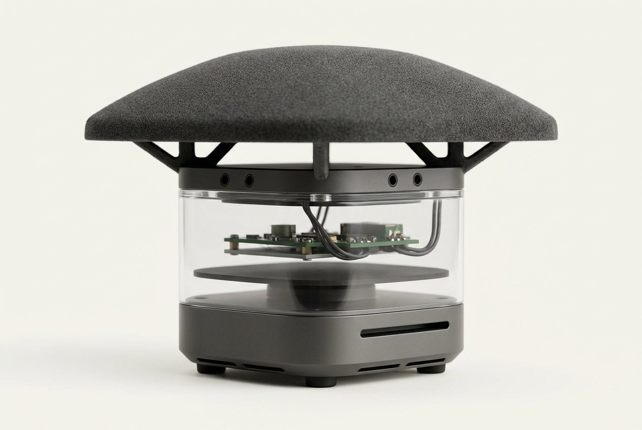 Product concept render of the Skryer acoustic node: a domed grey foam windscreen on a printed strut cage, above a clear cylindrical body showing a green circuit board, on a dark ballasted base with four rubber feet